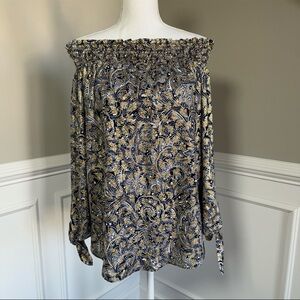 Michael Kors Navy And Gold Off-Shoulder Floral Top Size Medium